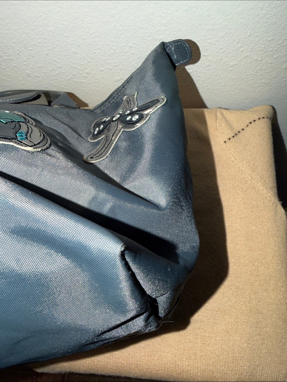 Longchamp Blue Embroidered Patches Nylon and Leather Le Pliage Tote - Picture 13 of 14
